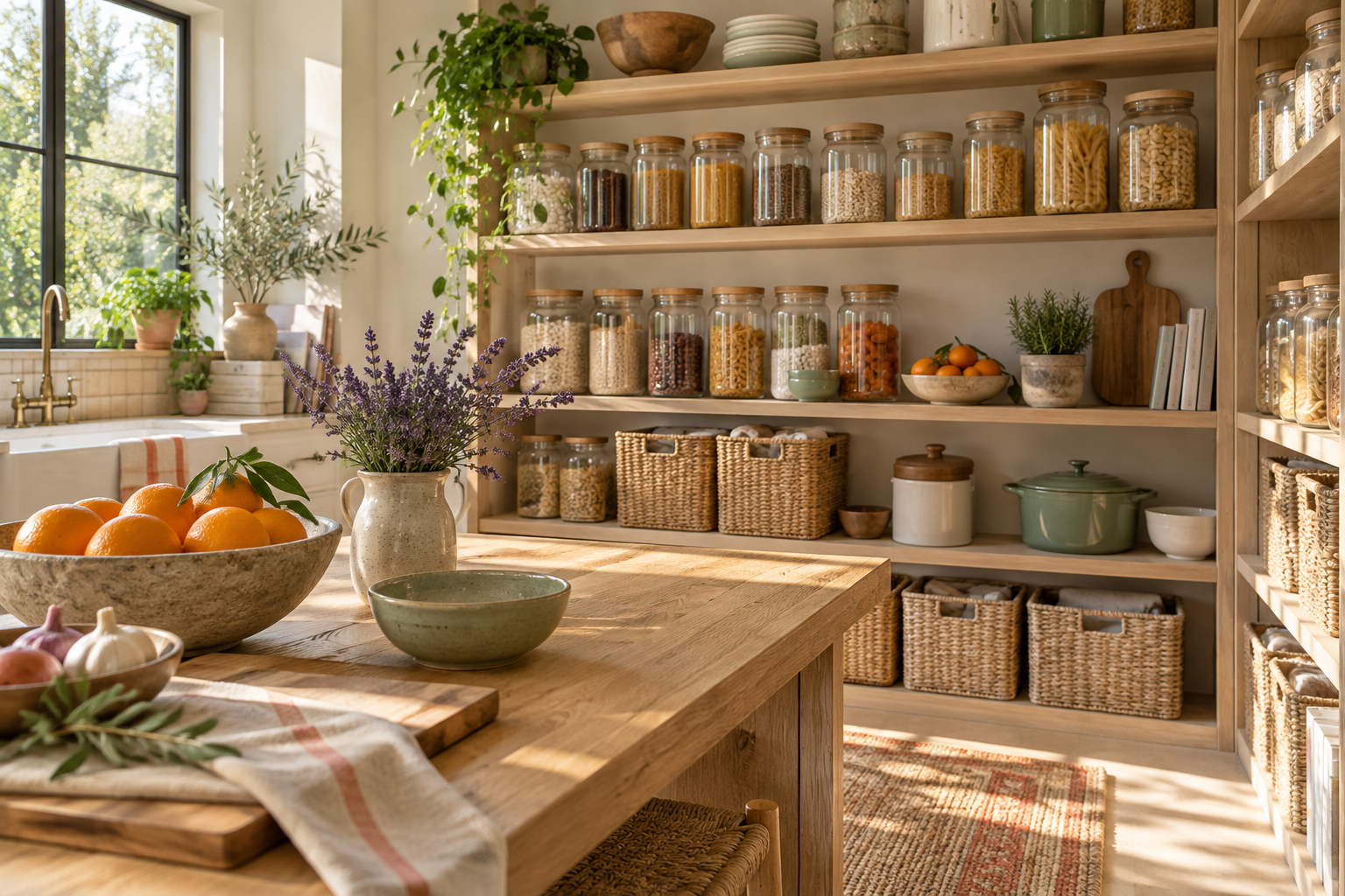 Sunlit oak pantry with neatly arranged jars, baskets and fresh oranges